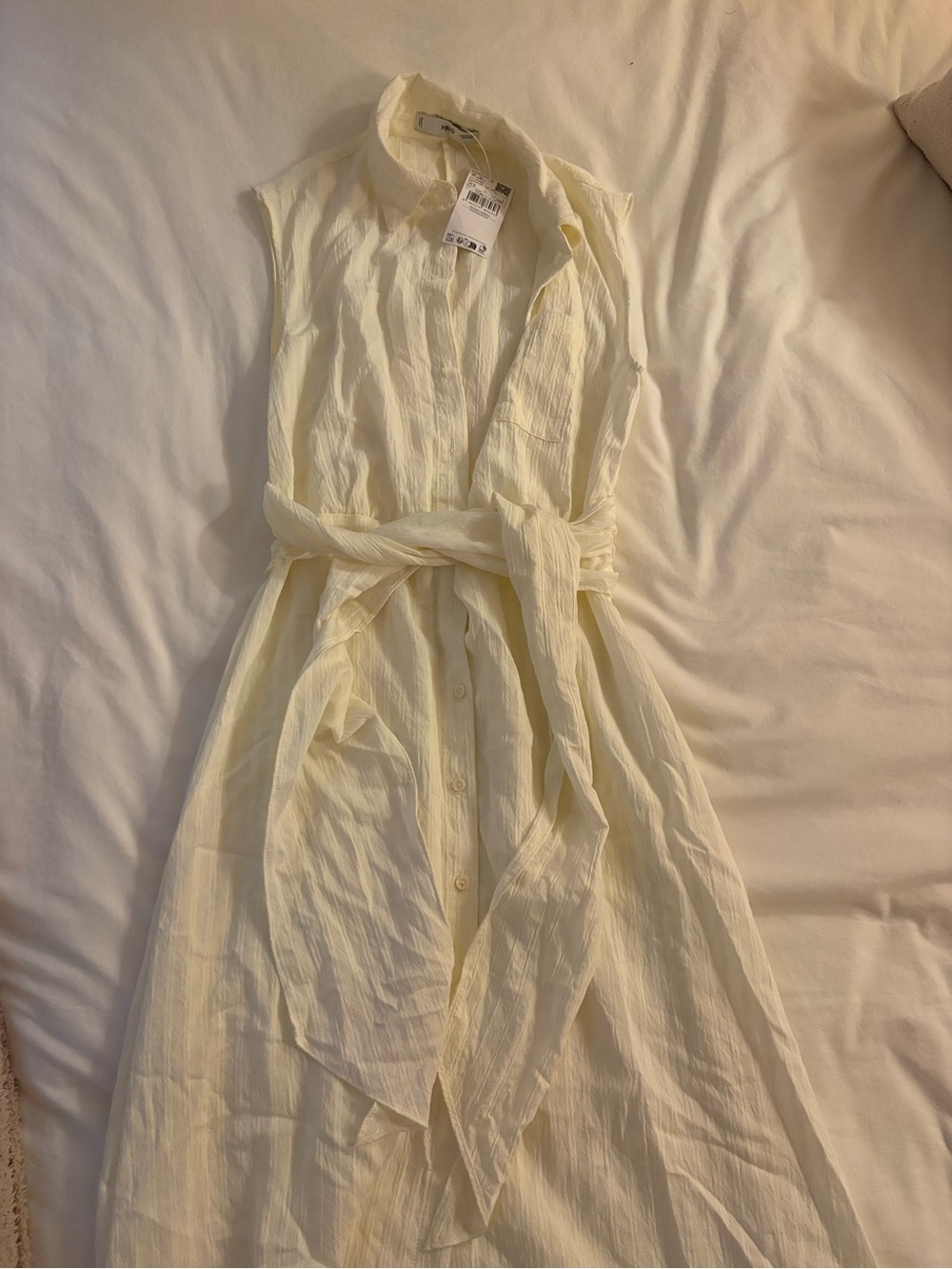 Mango Cream Sleeveless Button-Front Tie Waist Dress